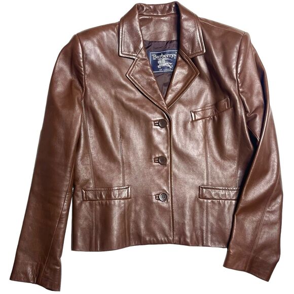 BURBERRY Vintage Leather Brown 3 Button Blazer Jacket 10 - Picture 1 of 15